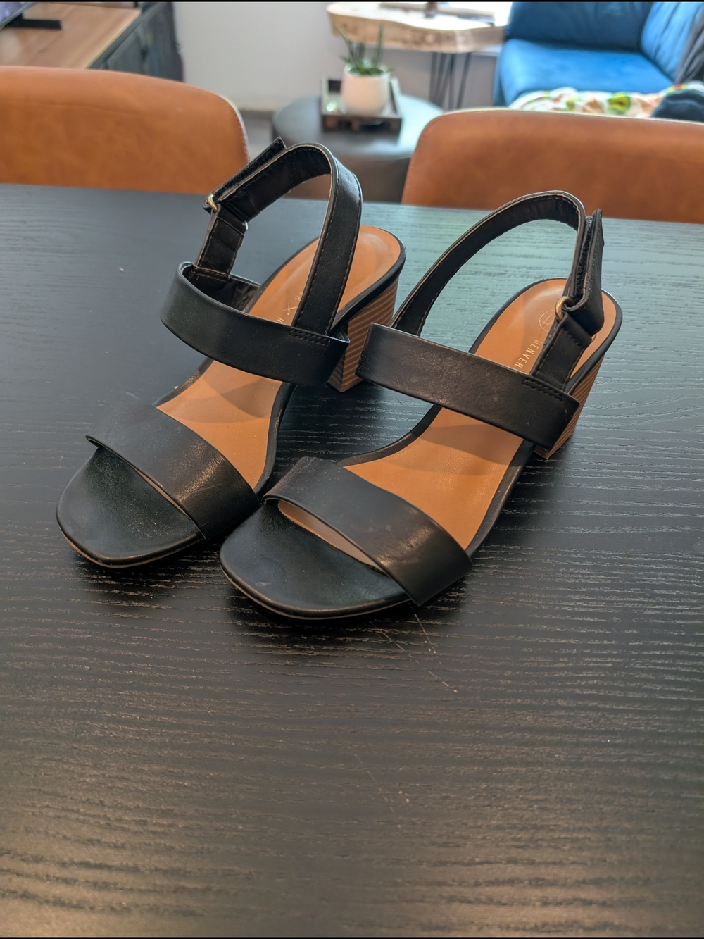Denver Hayes Black Two-Strap Block Heel Sandals